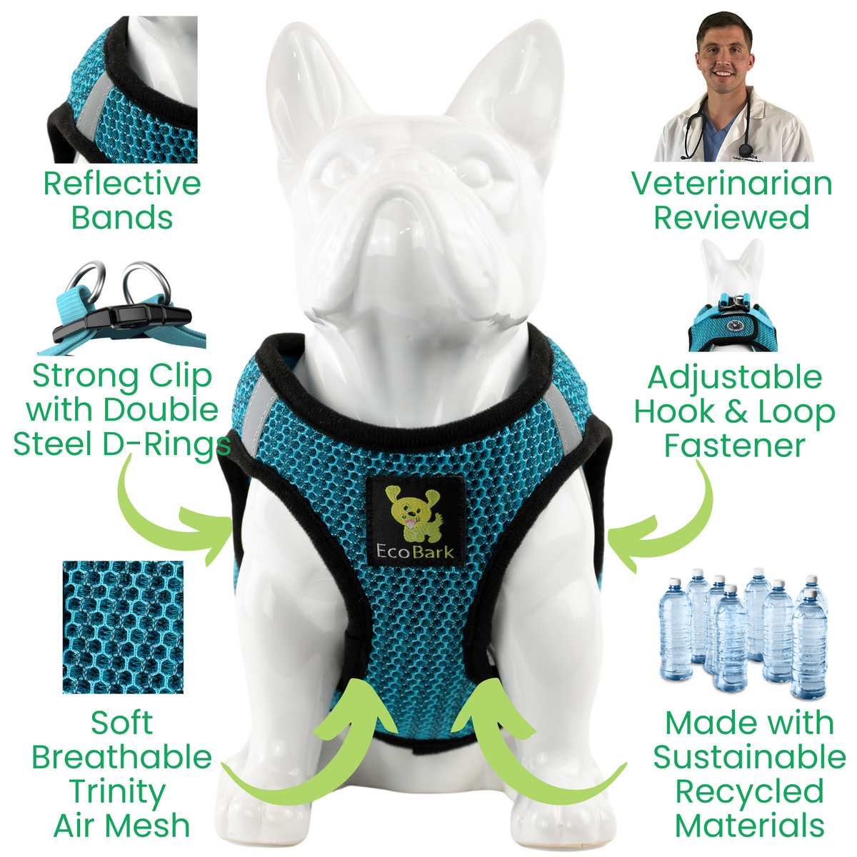 EcoBark Aqua Step In Dog Harness - Reflective Soft Mesh Harness for Small Dogs and Puppies - BIG FRENCHIES