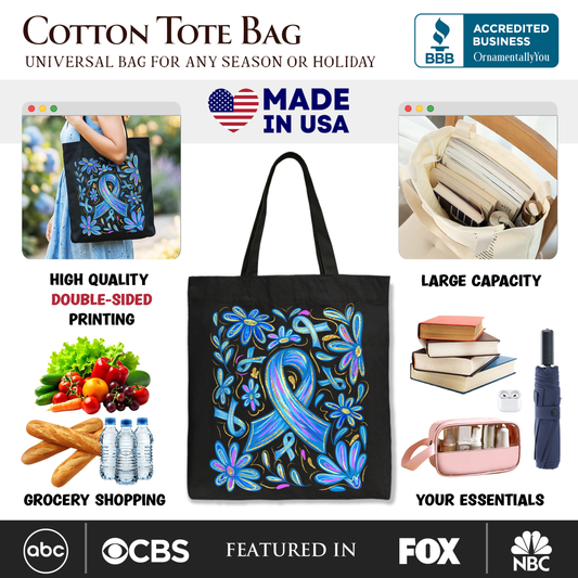 Diabetes Blue Ribbon Floral Tote Bag, Awareness Support Gift Shopper