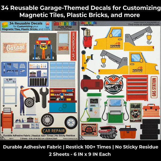 Auto Shop: Reusable Decals for Customizing Magnetic Tiles, Plastic Bricks, and more - BIG FRENCHIES