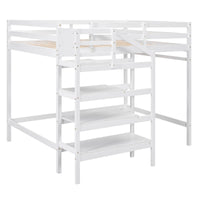Full Size Loft Bed with Built-in Storage Staircase and Hanger for Clothes  White