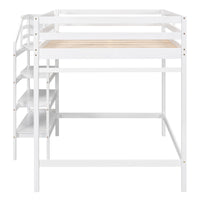 Full Size Loft Bed with Built-in Storage Staircase and Hanger for Clothes  White