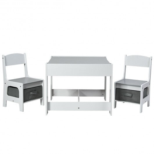 Kids Table Chairs Set With Storage Boxes Blackboard Whiteboard Drawing-Natural