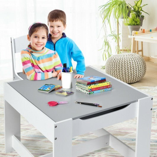 Kids Table Chairs Set With Storage Boxes Blackboard Whiteboard Drawing-Natural