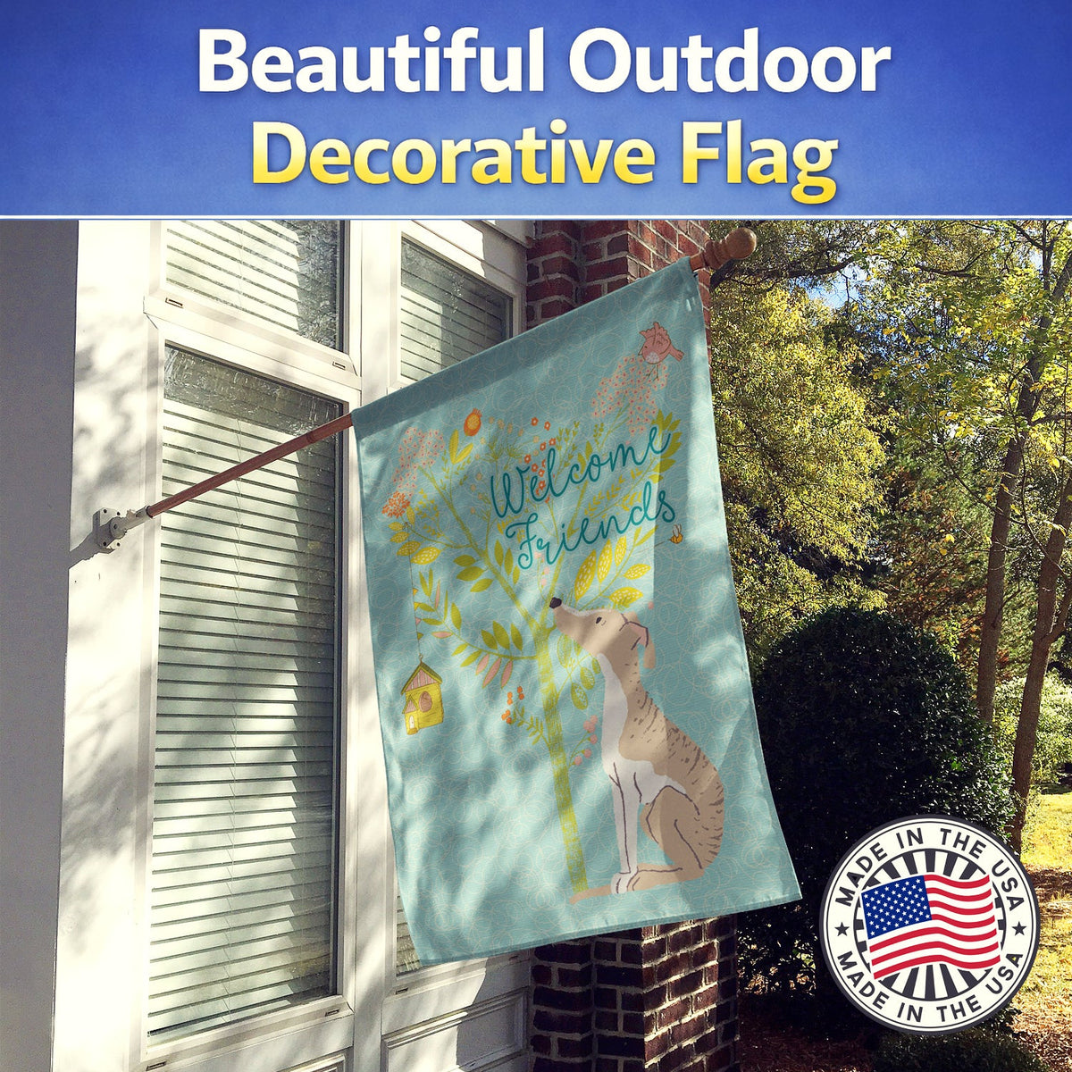 Welcome Friends Whippet House Flag 28x40 Porch Sleeve Pole Decorative Outside Yard Banner Artwork Wall Hanging, Polyester