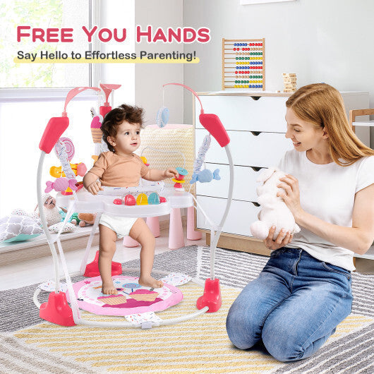 Baby Activity Center Height Adjustable Baby Bouncing Saucer with Interactive Toys-Pink - Color: Pink