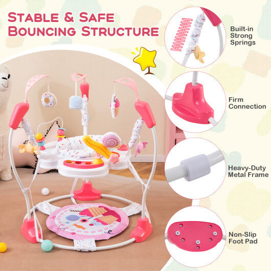 Baby Activity Center Height Adjustable Baby Bouncing Saucer with Interactive Toys-Pink - Color: Pink