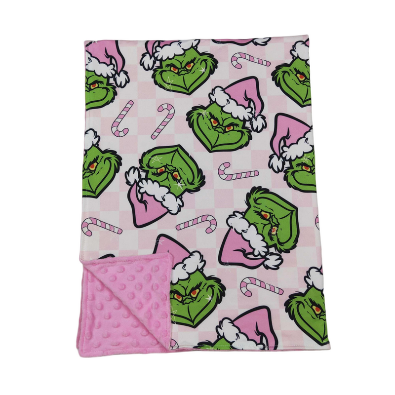 Pink candy cane green face baby girls Christmas blanket - BIG FRENCHIES