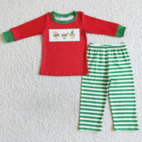Red screen print shirt stripe pants boy Christmas pajamas - BIG FRENCHIES