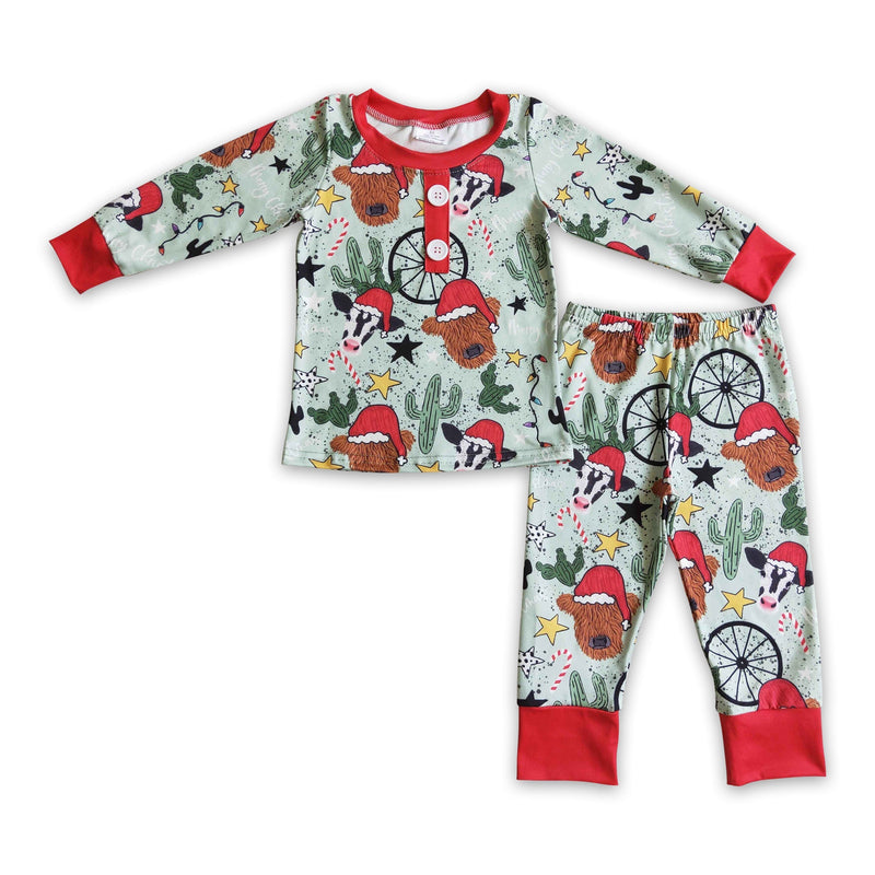 Highland cow cactus kids boy western Christmas pajamas - BIG FRENCHIES