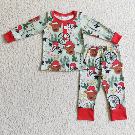 Highland cow cactus kids boy western Christmas pajamas - BIG FRENCHIES