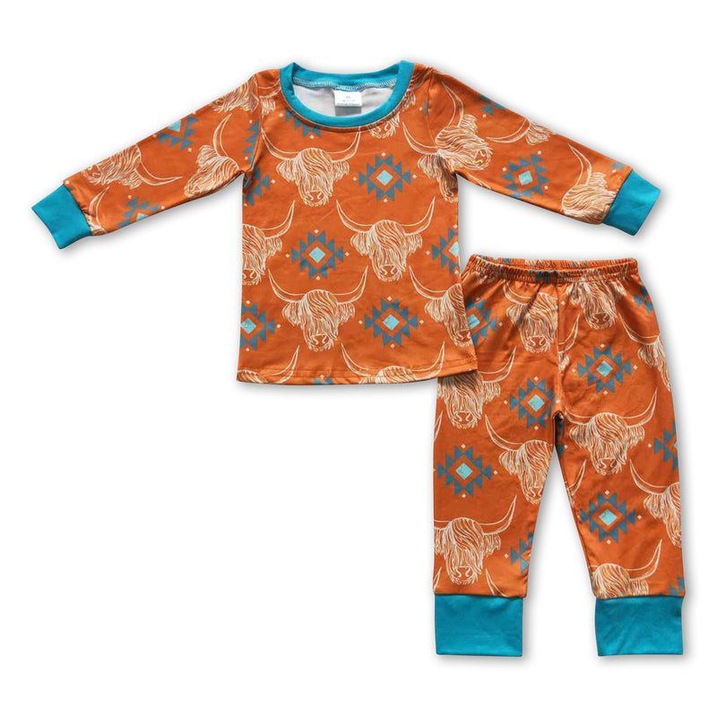 Highland cow aztec long sleeves kids boy pajamas - BIG FRENCHIES