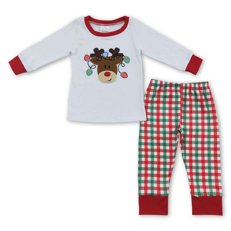 Reindeer embroidery top plaid pants baby kids Christmas pajamas - BIG FRENCHIES
