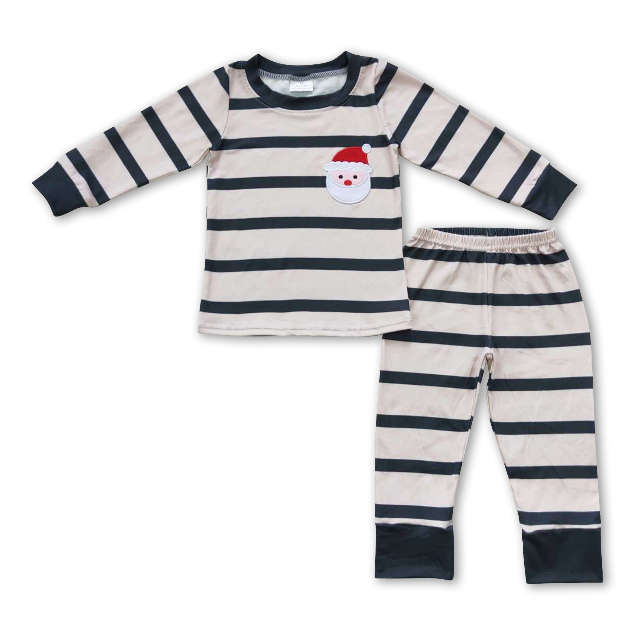 Santa embroidery green stripe kids boy Christmas pajamas - BIG FRENCHIES