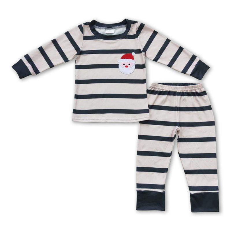 Santa embroidery green stripe kids boy Christmas pajamas - BIG FRENCHIES