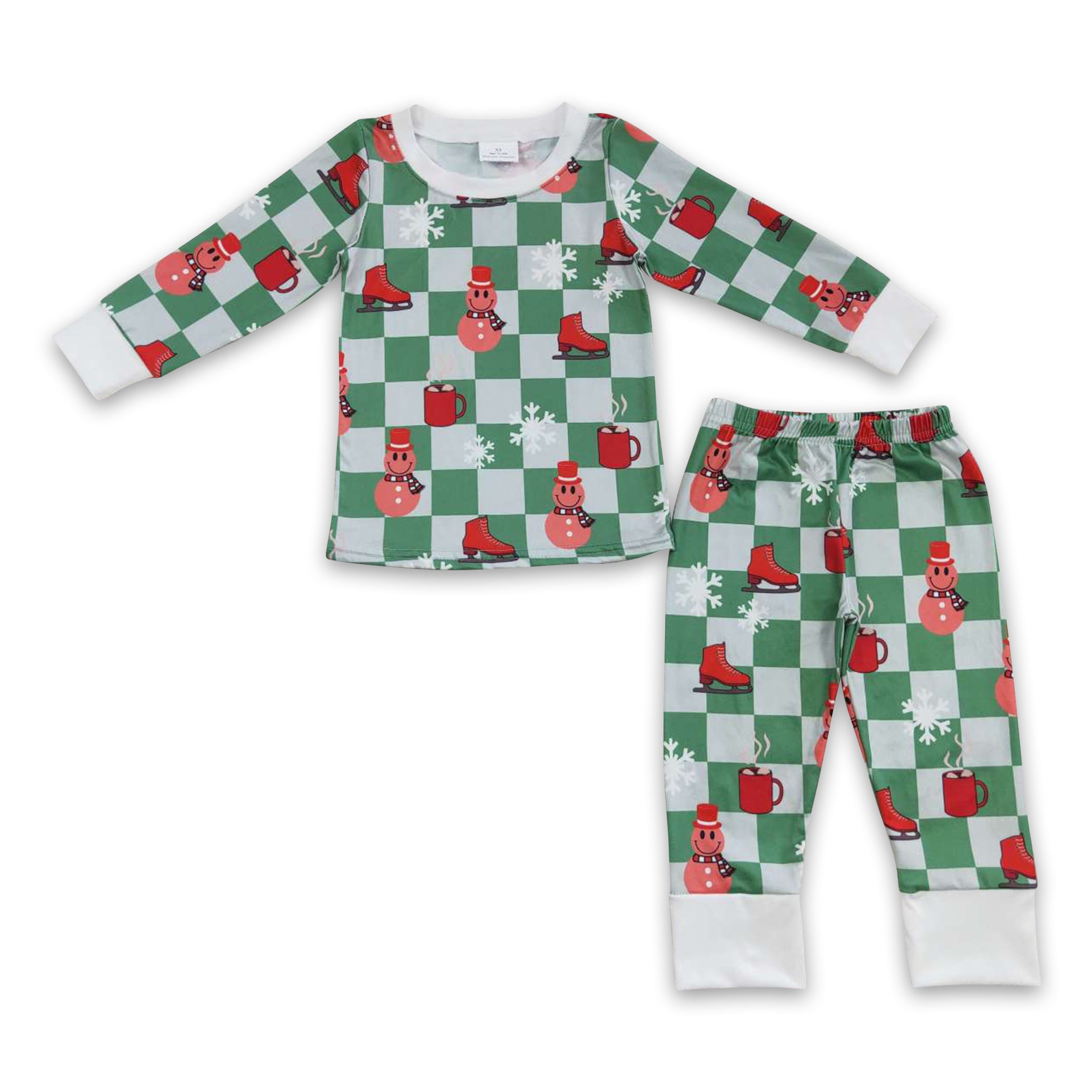 Green plaid snowflake smile snowman kids boy Christmas pajamas - BIG FRENCHIES