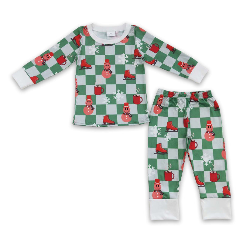 Green plaid snowflake smile snowman kids boy Christmas pajamas - BIG FRENCHIES