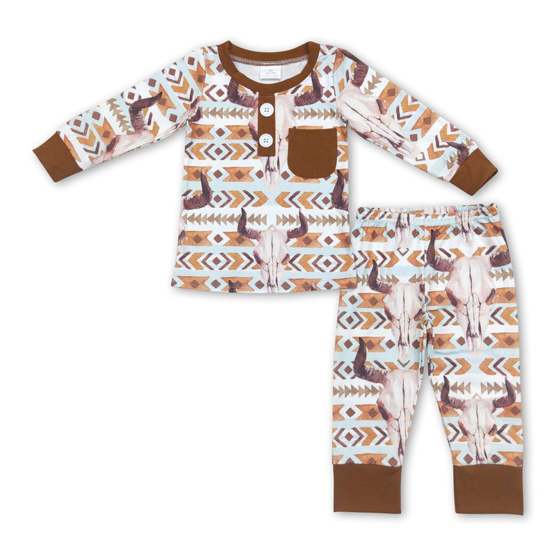 Brown pocket bull skull long sleeves kids boy western pajamas - BIG FRENCHIES