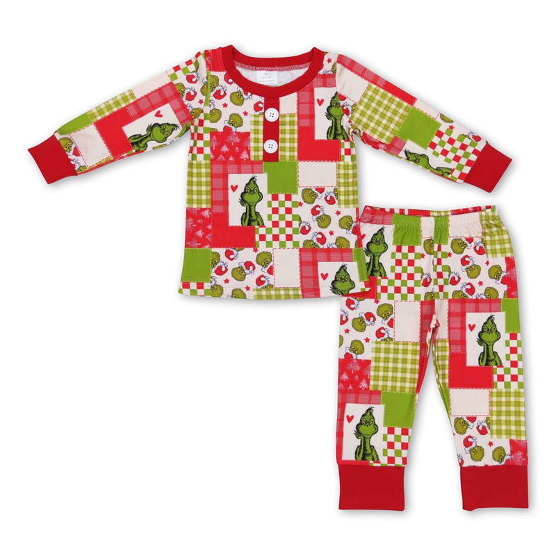 Green face plaid patchwork kids boy Christmas pajamas - BIG FRENCHIES