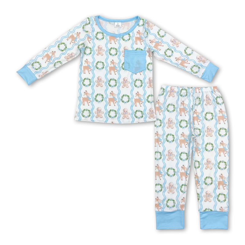 Blue gingerbread deer kids boys Christmas pajamas - BIG FRENCHIES