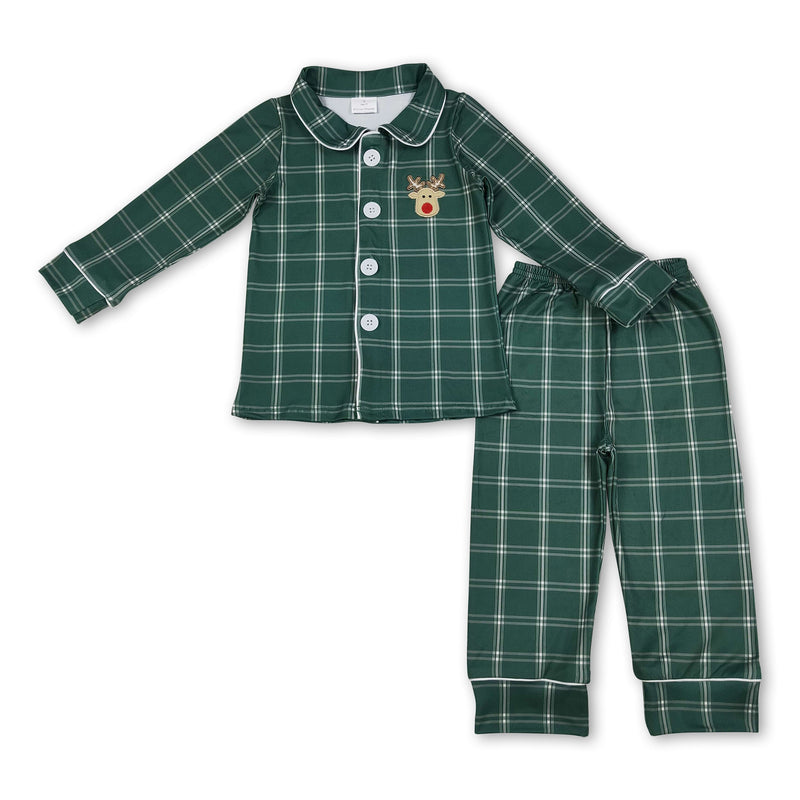 Green plaid deer boys Christmas button down pajamas - BIG FRENCHIES