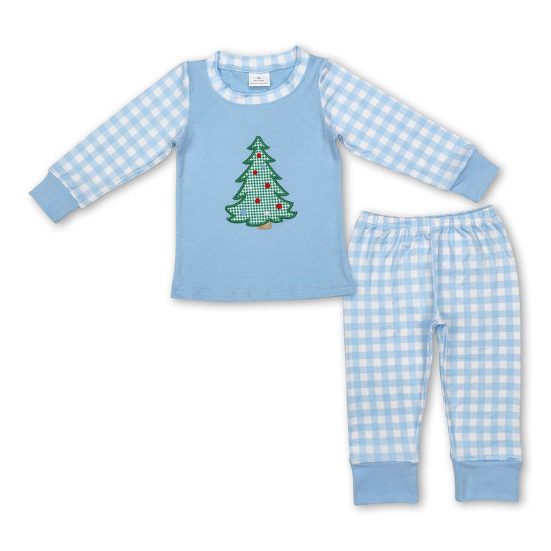 Light blue plaid Christmas tree kids boys Christmas pajamas - BIG FRENCHIES