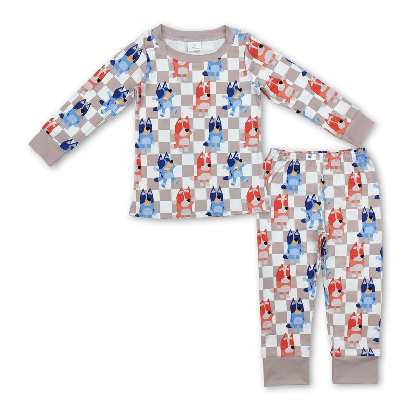 Khaki plaid dog long sleeves kids boys pajamas - BIG FRENCHIES