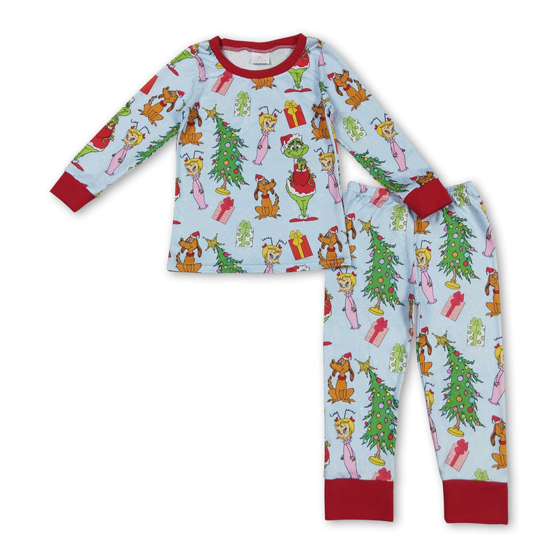 Long sleeves green face Christmas tree baby kids pajamas - BIG FRENCHIES