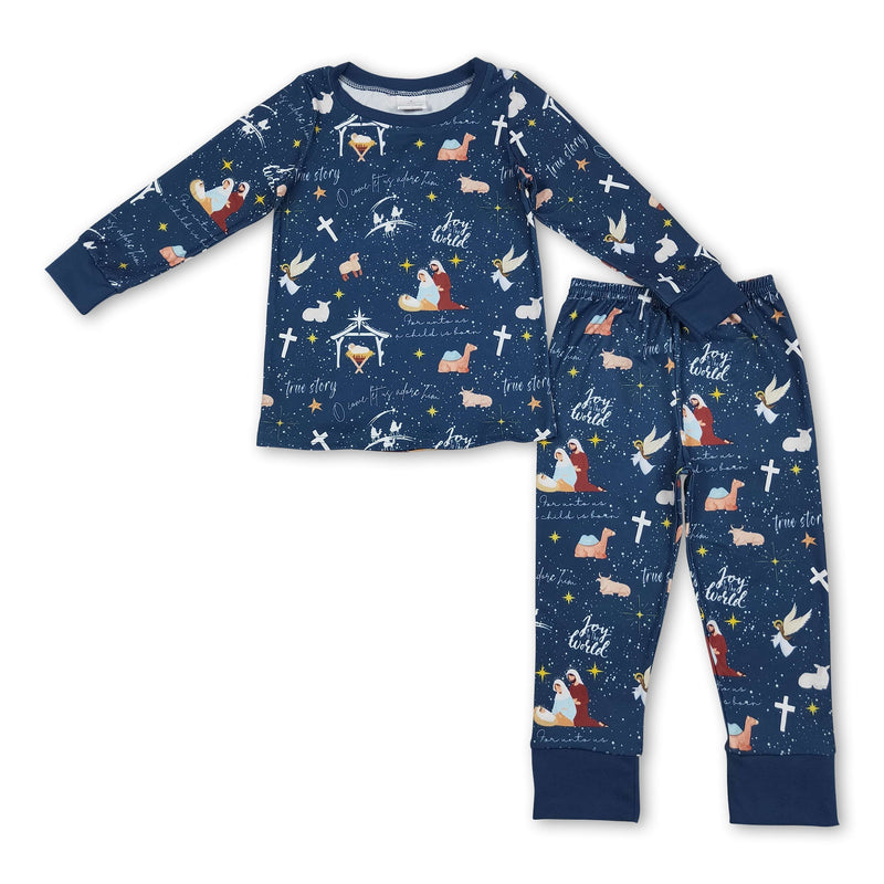 Blue long sleeves cross nativity kids boys Christmas pajamas - BIG FRENCHIES