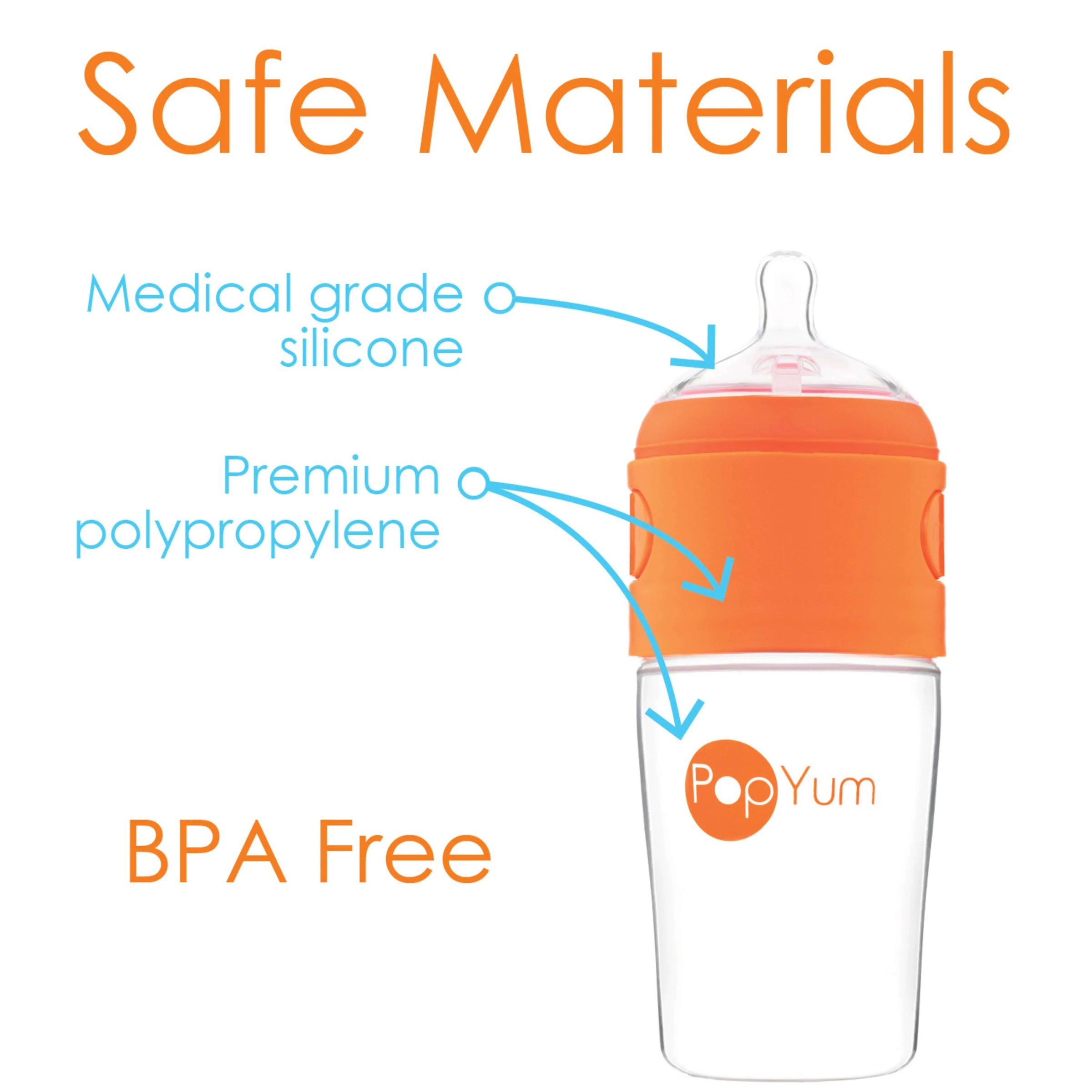 PopYum 9oz Anti-Colic Baby Bottle for Breast and Formula Feeding, 2-Pack, Orange, #2 Medium Flow Nipples - BIG FRENCHIES