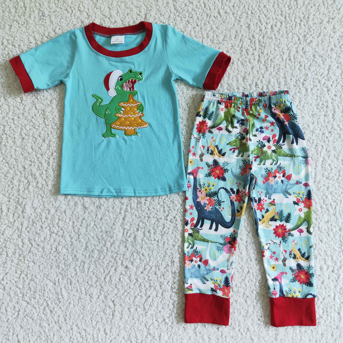 Dinosaur embroidery cotton shirt pants kids boy Christmas pajamas - BIG FRENCHIES