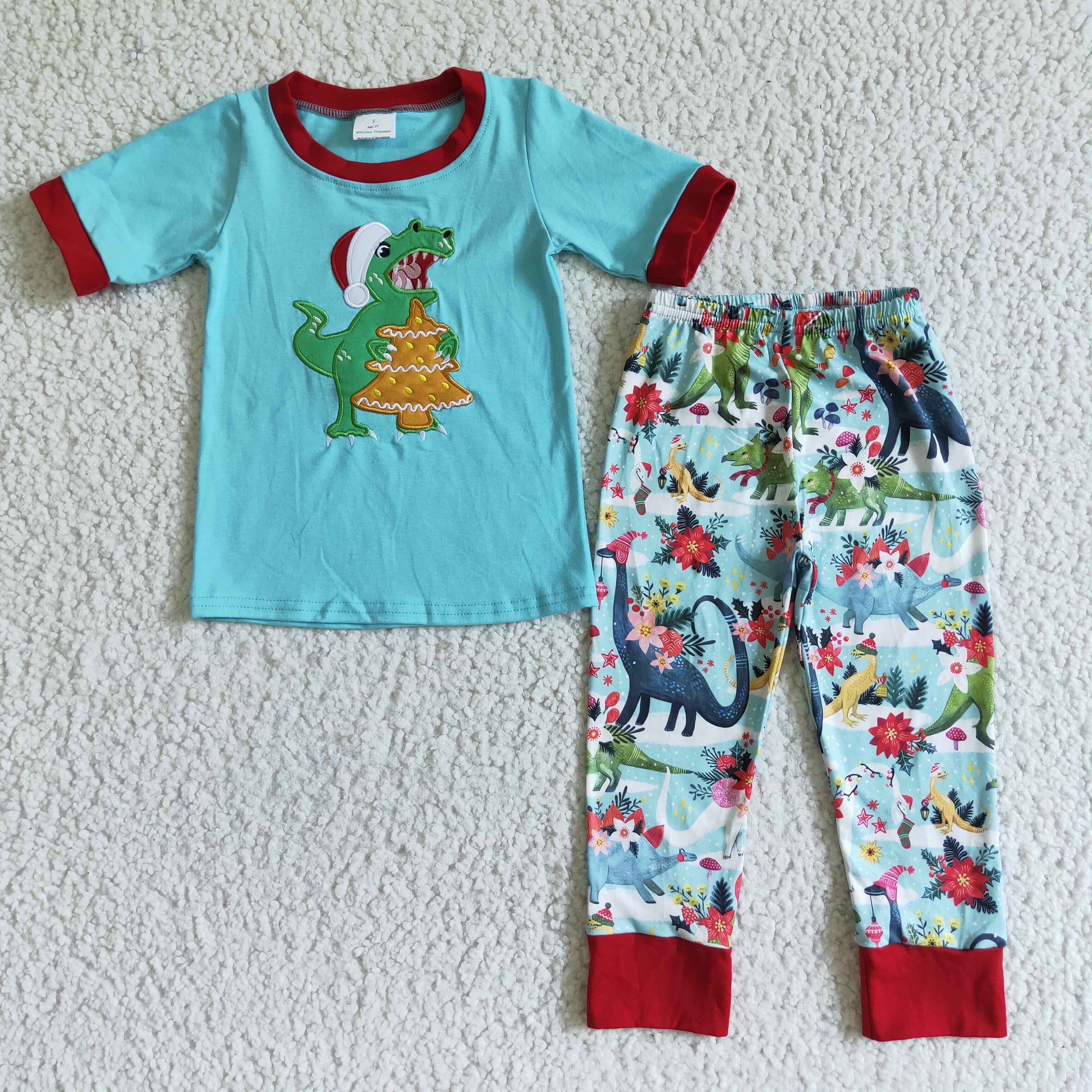 Dinosaur embroidery cotton shirt pants kids boy Christmas pajamas - BIG FRENCHIES