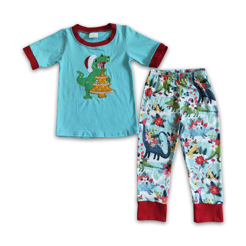 Dinosaur embroidery cotton shirt pants kids boy Christmas pajamas - BIG FRENCHIES