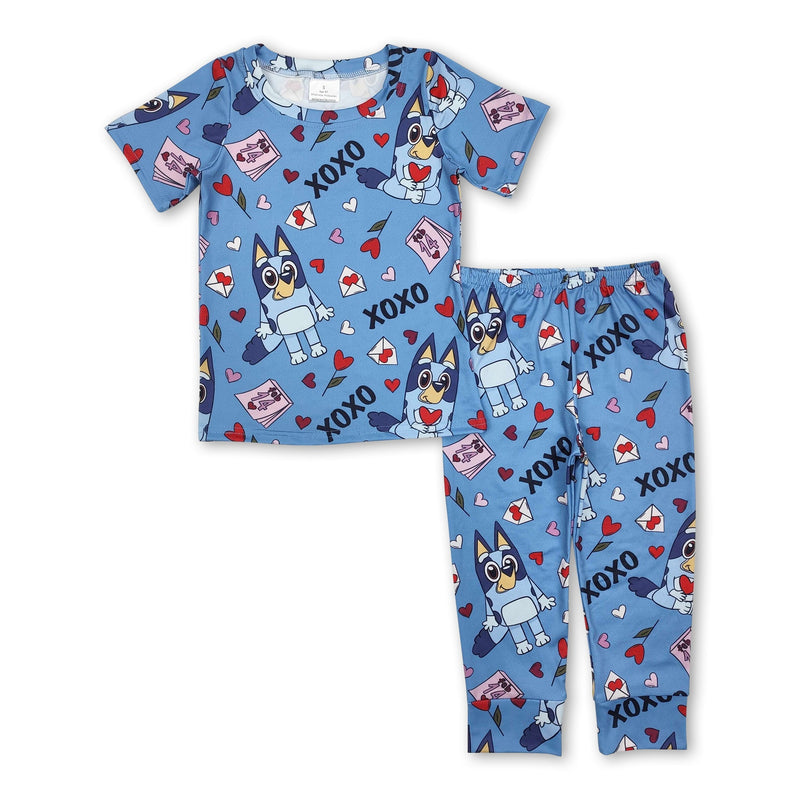 Blue short sleeves dog heart baby kids valentine's pajamas - BIG FRENCHIES