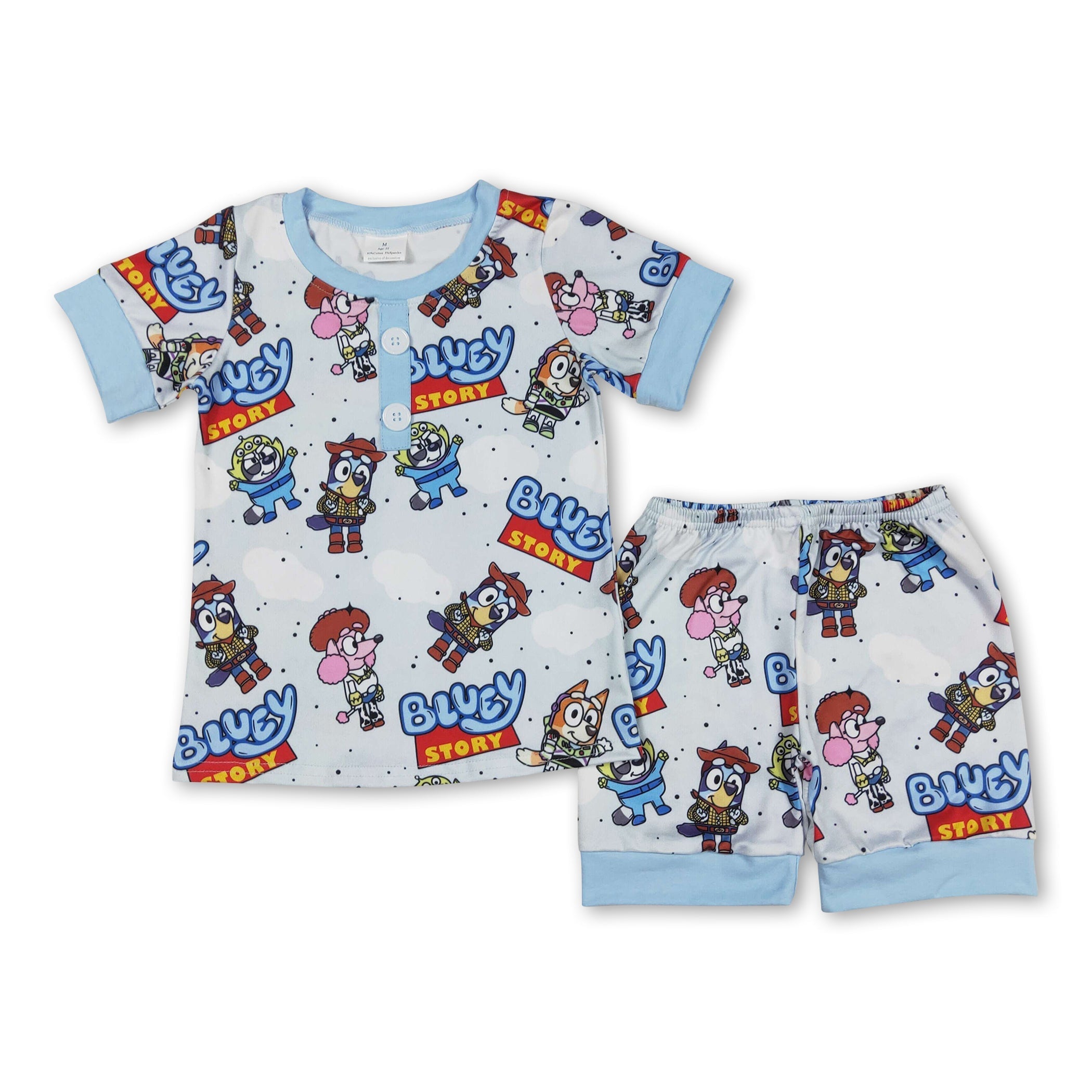 Short sleeves blue dog story kids boys summer pajamas