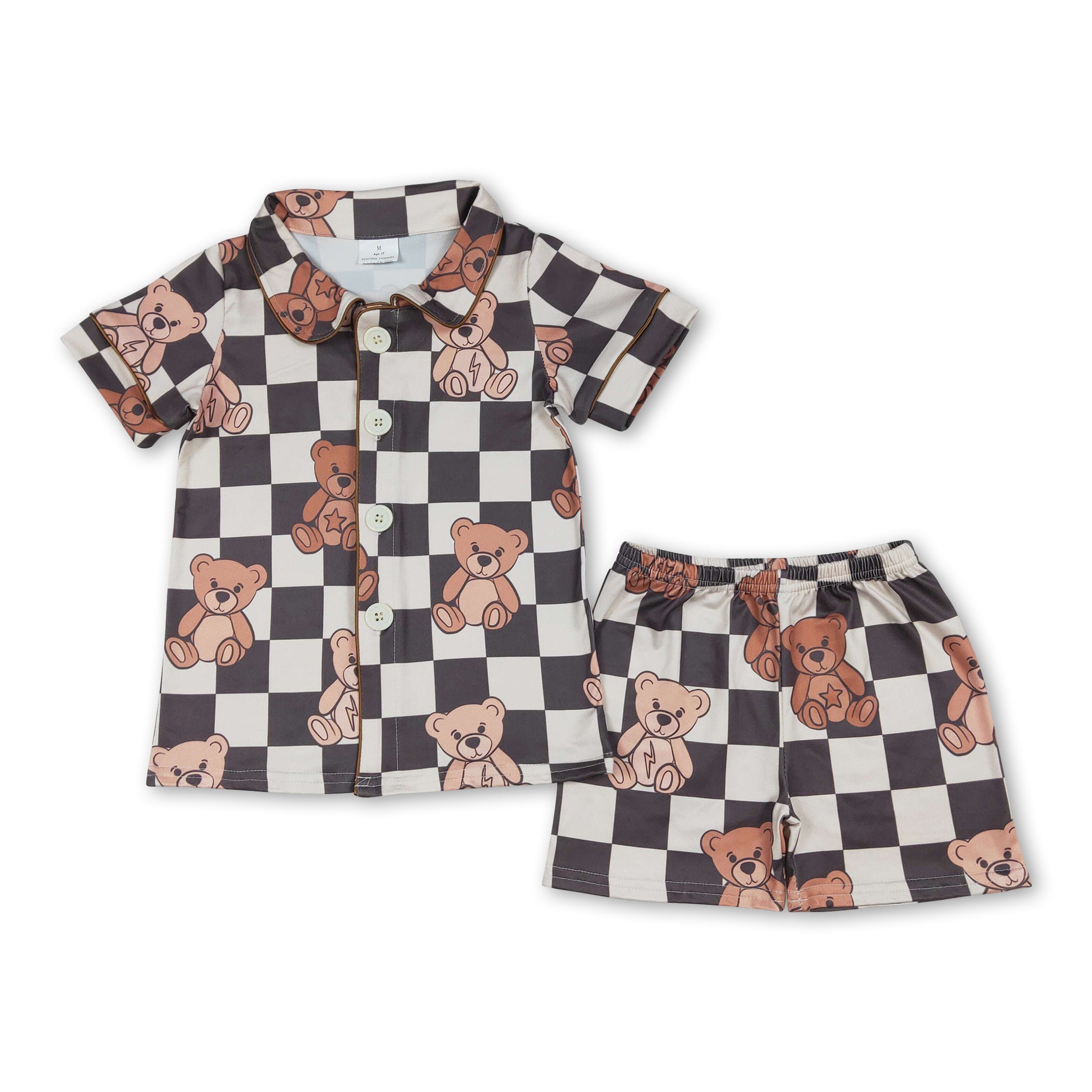 Short sleeves black plaid bear baby kids button down pajamas