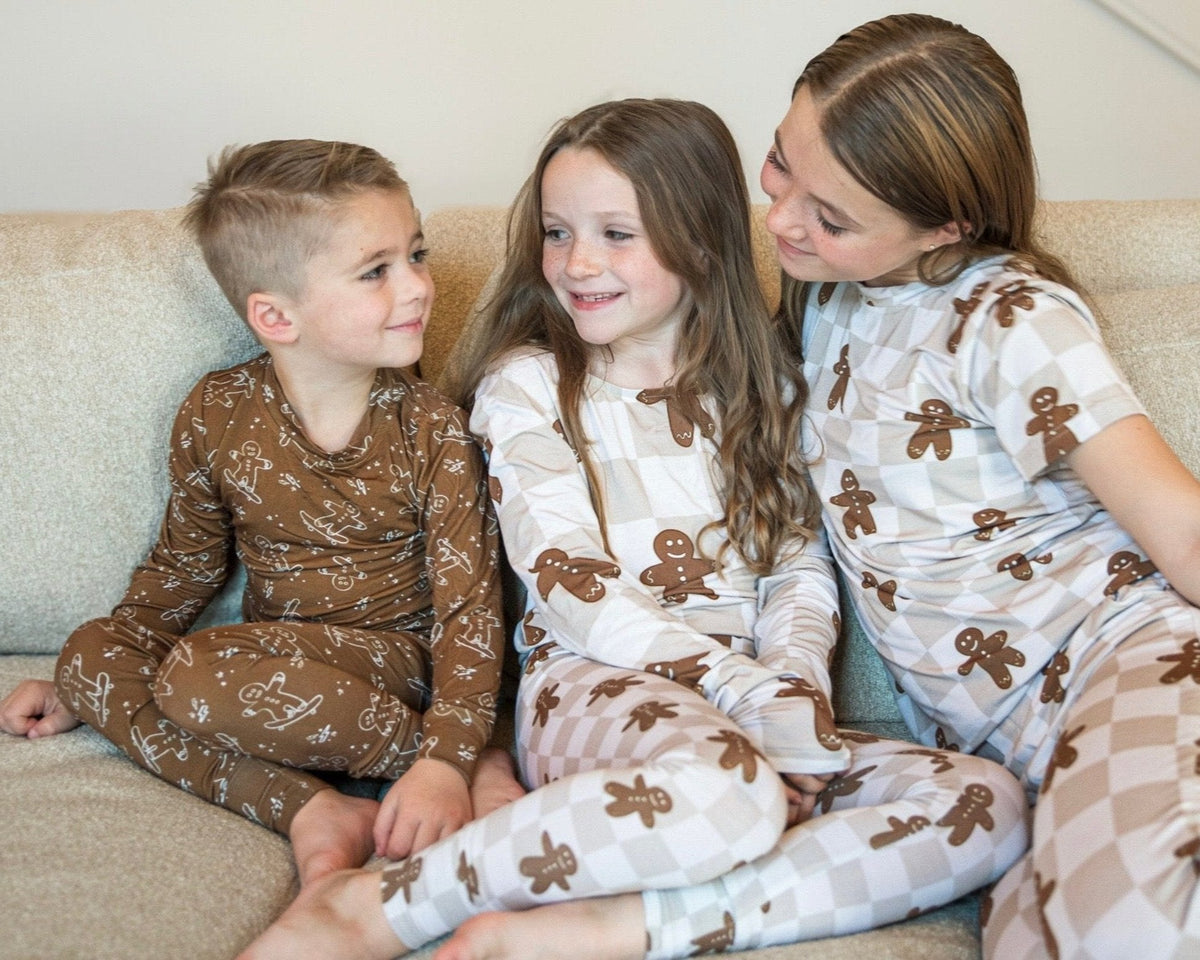 Bamboo Toddler and Kids Christmas Pajamas | Matching Family Holiday Set - Skating Gingerbread - BIG FRENCHIES
