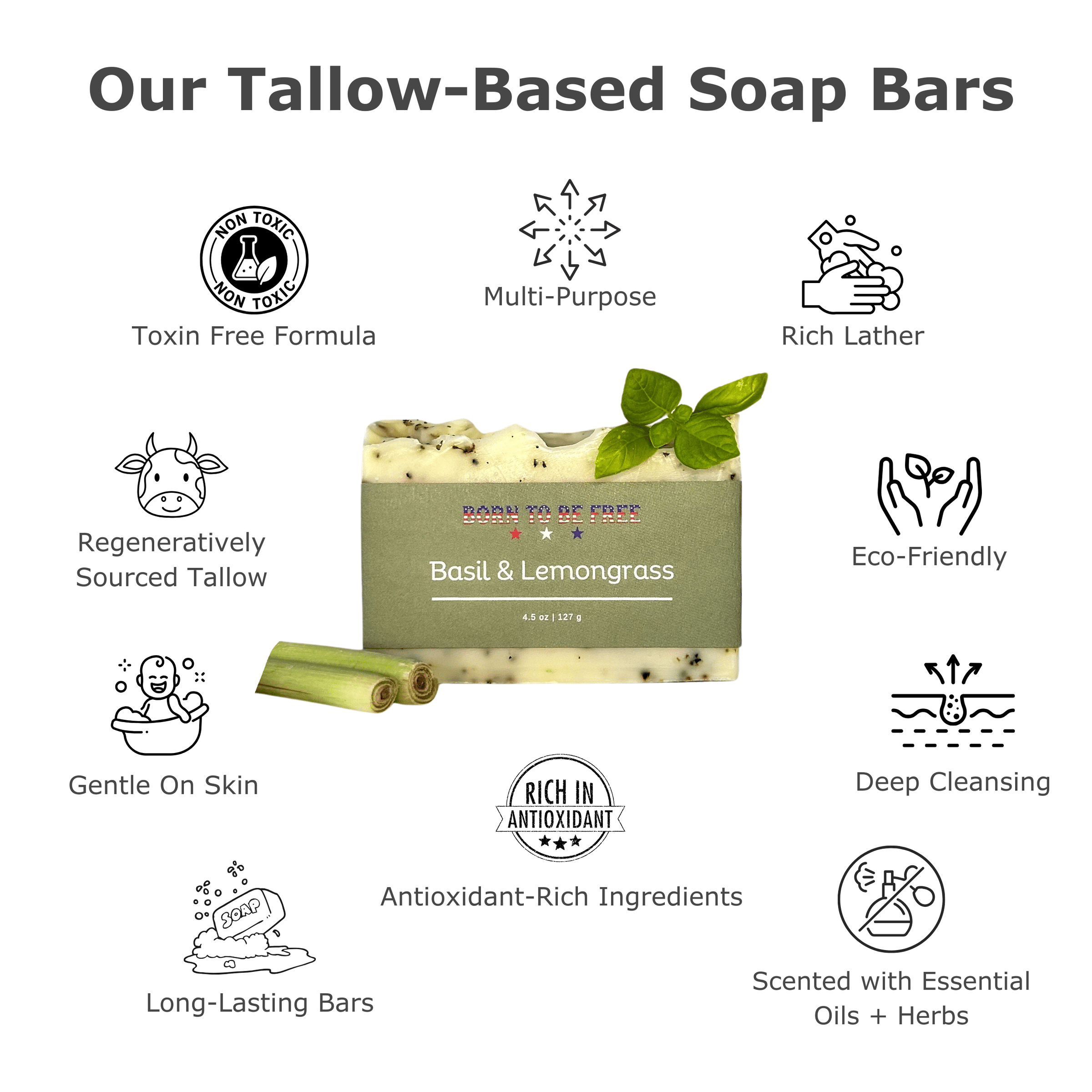 Basil & Lemongrass Tallow Soap Bar - BIG FRENCHIES