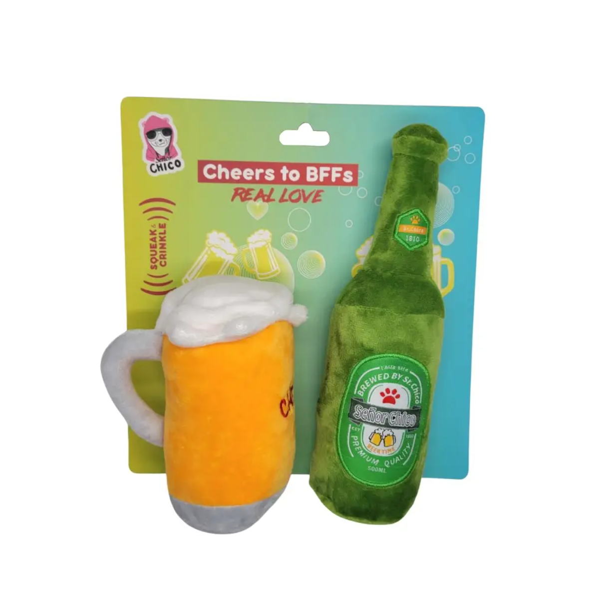 Beers-Cheers Plush Dog Toy Gift Set – with Squeaker & Crinkle Paper for Fun Play - BIG FRENCHIES