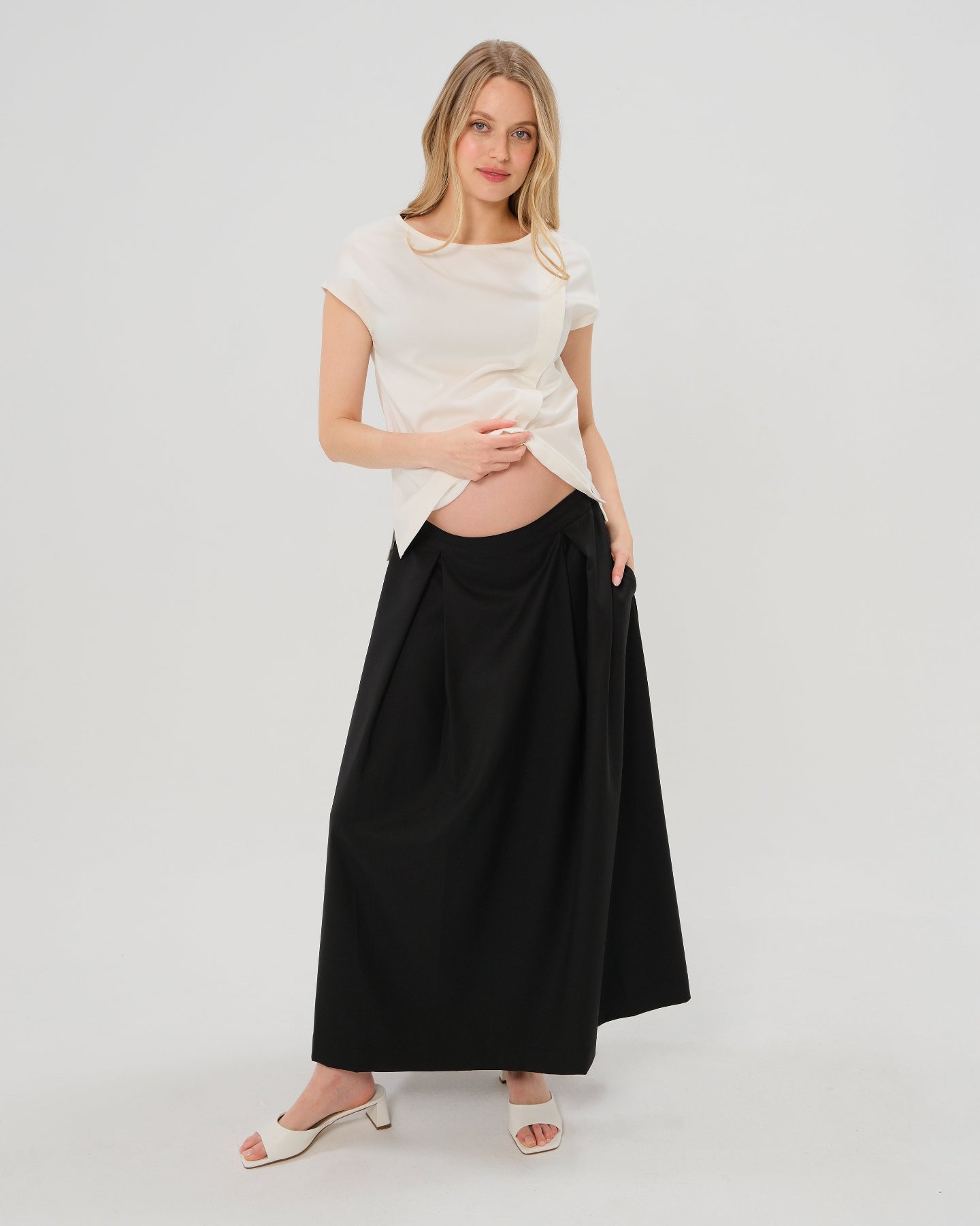 Over-Under Bump Pleated Maternity Maxi Skirt in All-Season Wool Blend - BIG FRENCHIES