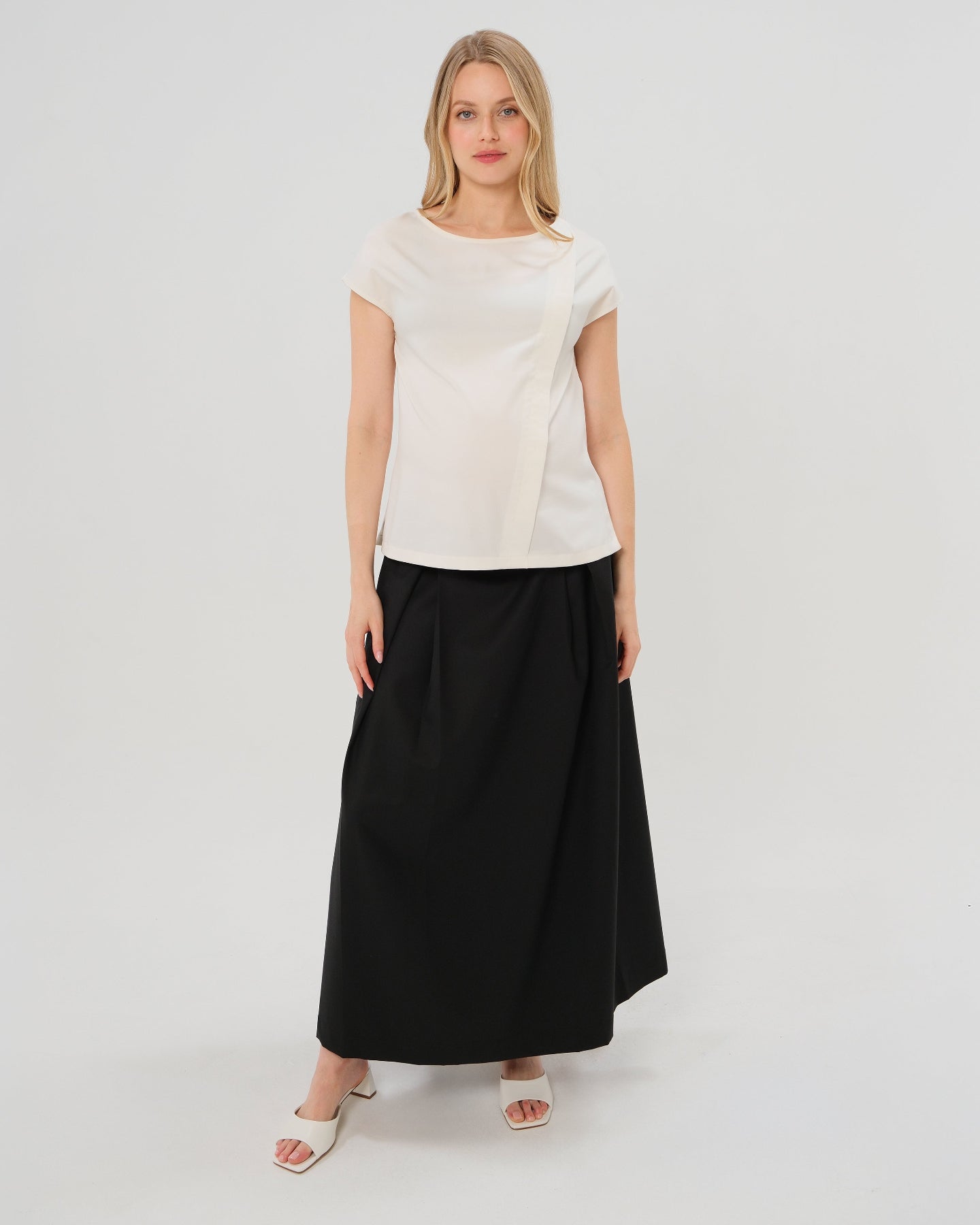 Over-Under Bump Pleated Maternity Maxi Skirt in All-Season Wool Blend - BIG FRENCHIES
