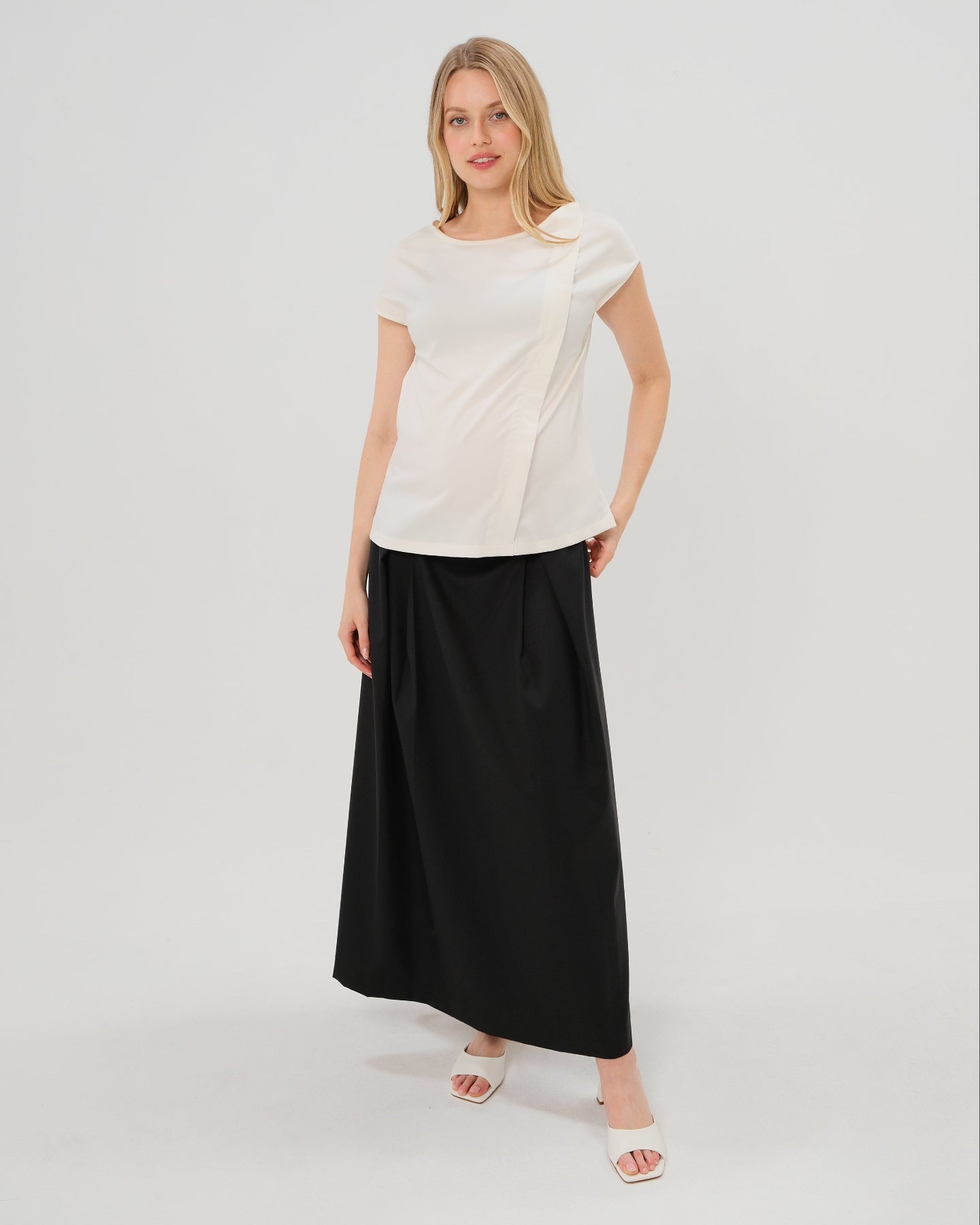 Over-Under Bump Pleated Maternity Maxi Skirt in All-Season Wool Blend - BIG FRENCHIES