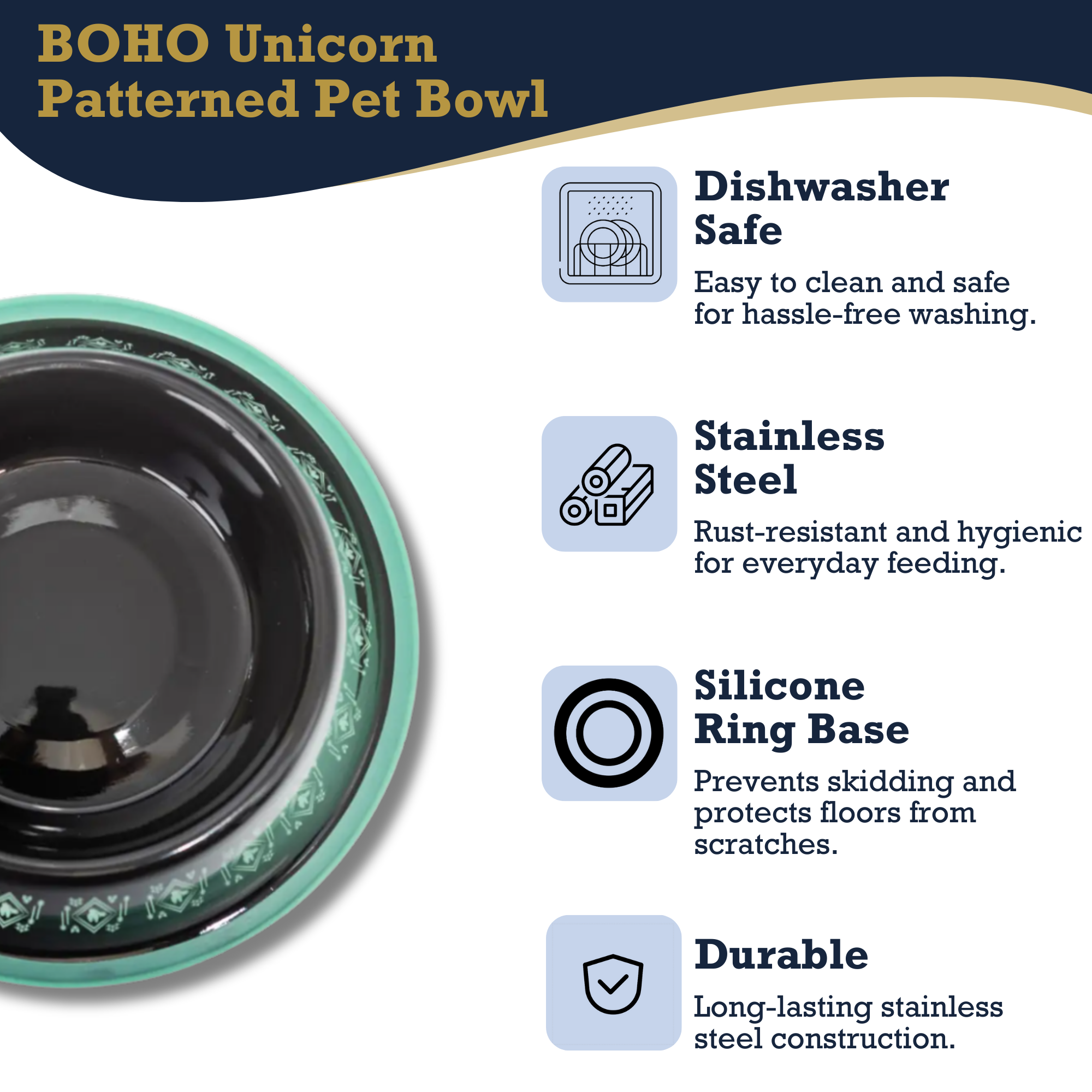 Non-Skid Boho Stainless Steel Dog Bowl – with Whimsical Unicorn Design, Silicone Base for Medium Dogs – 24oz - BIG FRENCHIES