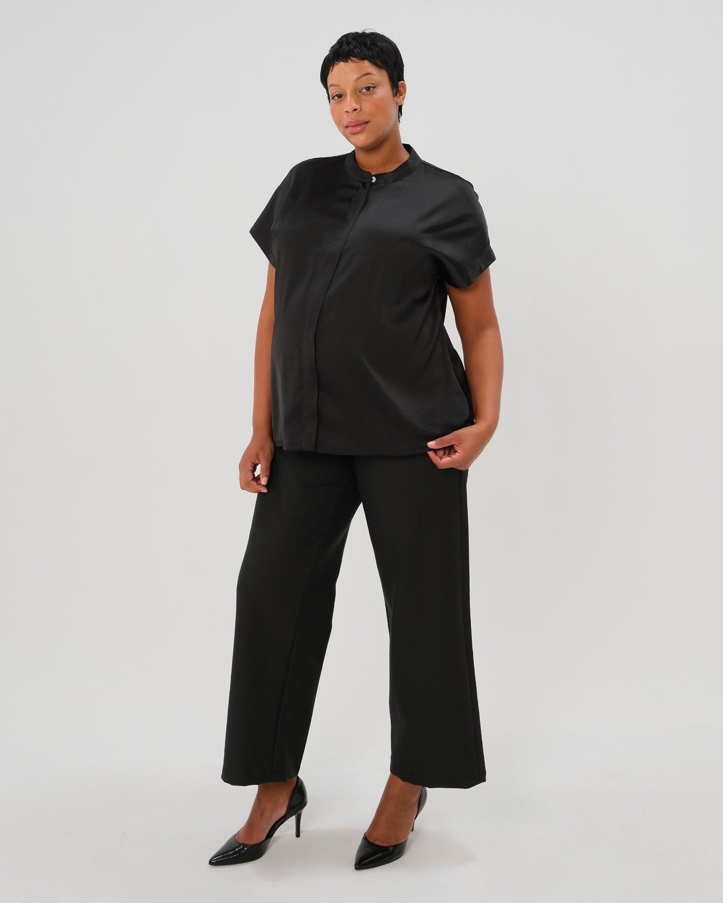 Short Sleeve Satin Maternity Shell Top with Concealed Nursing Zip - BIG FRENCHIES