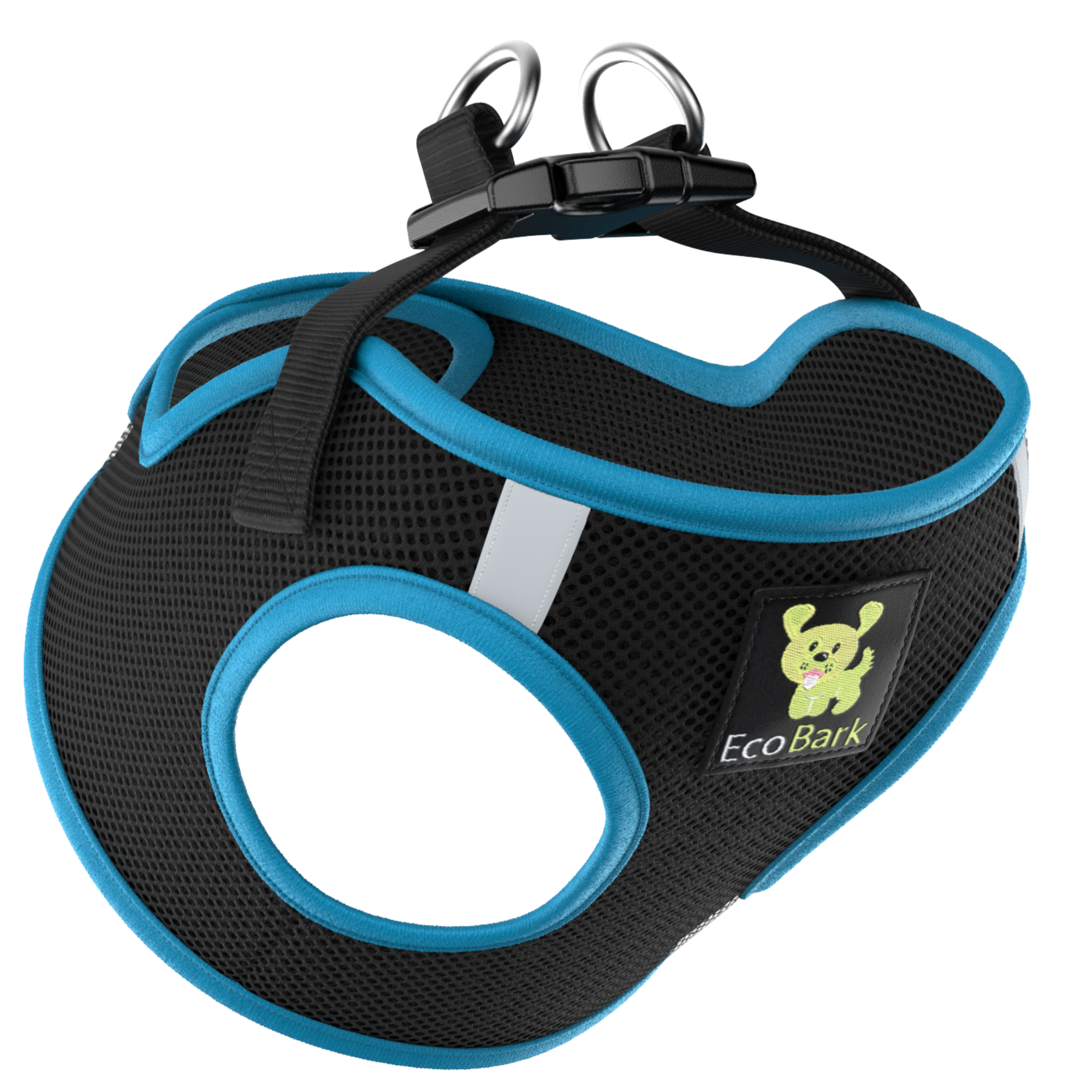 EcoBark Teal and Black Step In Dog Harness - Rapid Fastener Reflective Soft Mesh Vest Halter for Puppies and XXXS to Small Dogs - BIG FRENCHIES