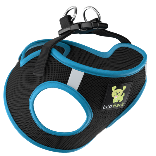 EcoBark Teal and Black Step In Dog Harness - Rapid Fastener Reflective Soft Mesh Vest Halter for Puppies and XXXS to Small Dogs - BIG FRENCHIES