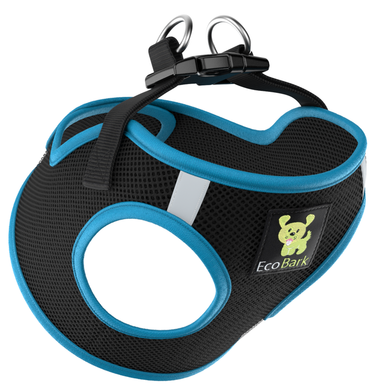 EcoBark Teal and Black Step In Dog Harness - Rapid Fastener Reflective Soft Mesh Vest Halter for Puppies and XXXS to Small Dogs - BIG FRENCHIES