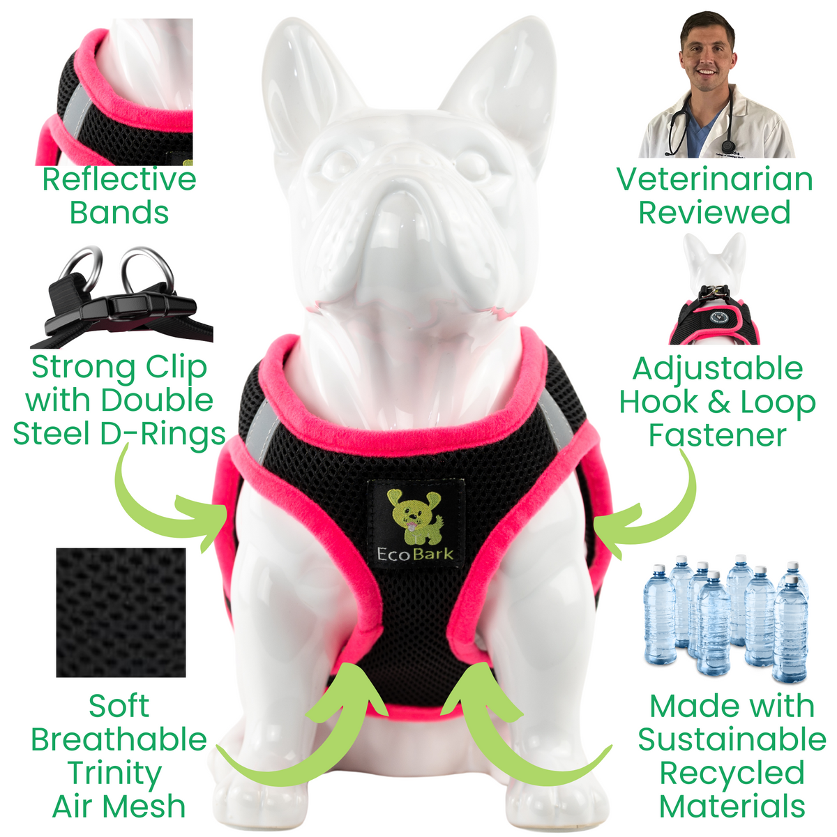 EcoBark Hot Pink Step In Dog Harness - Reflective Soft Mesh Harness for Teacup, Small Dogs and Puppies - BIG FRENCHIES
