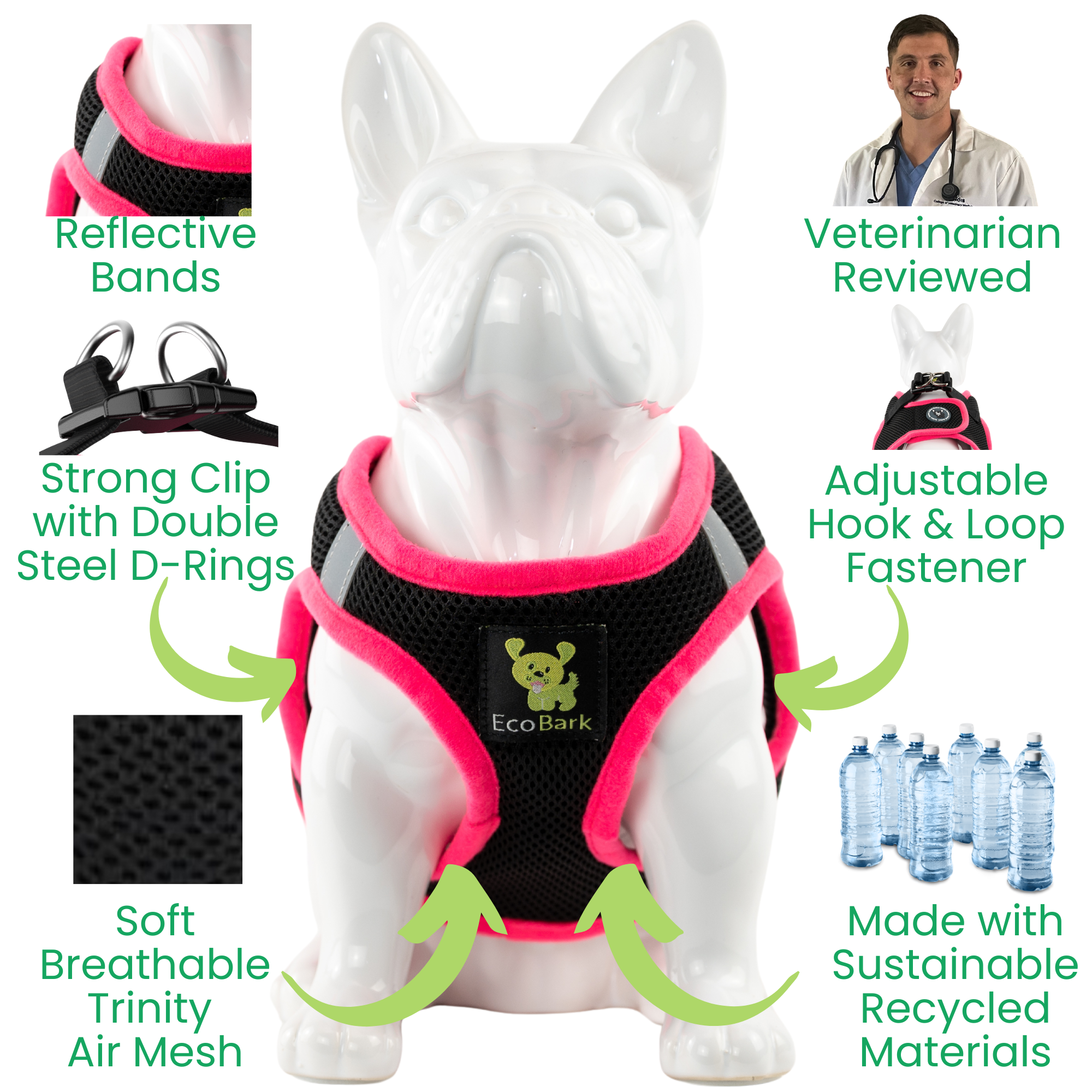 EcoBark Hot Pink Step In Dog Harness - Reflective Soft Mesh Harness for Teacup, Small Dogs and Puppies - BIG FRENCHIES