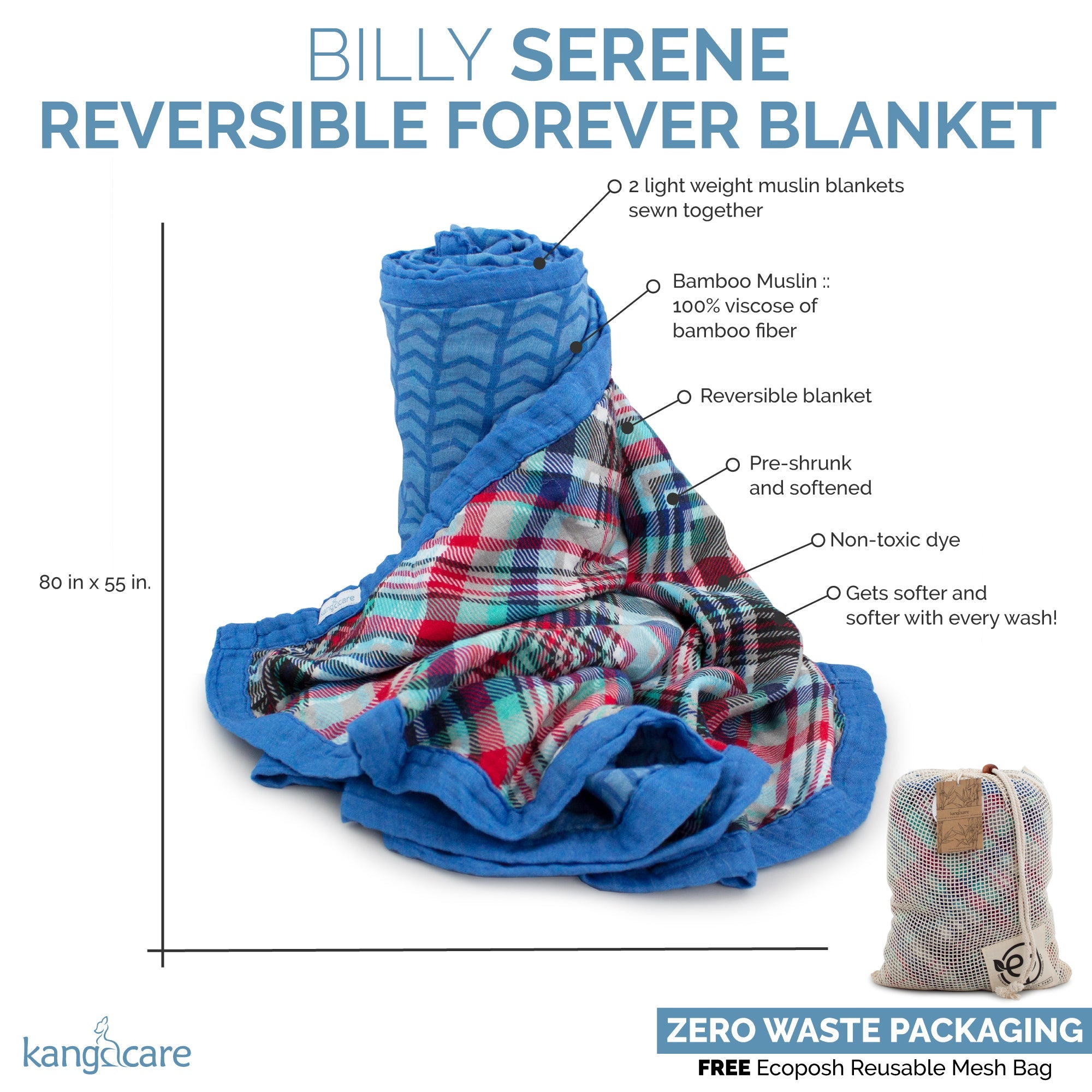 Kanga Care Bamboo Muslin Blanket - Forever: Billy (reversible)