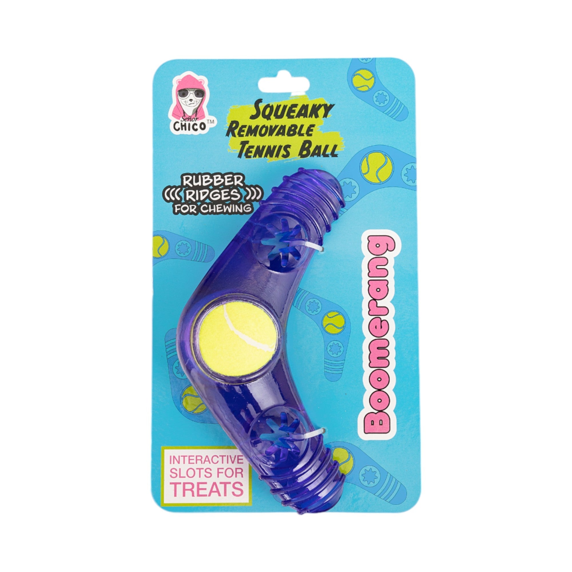 TPR Boomerang Dog Chew Toy with Removable Squeaker Tennis Ball & Treat Fill - BIG FRENCHIES